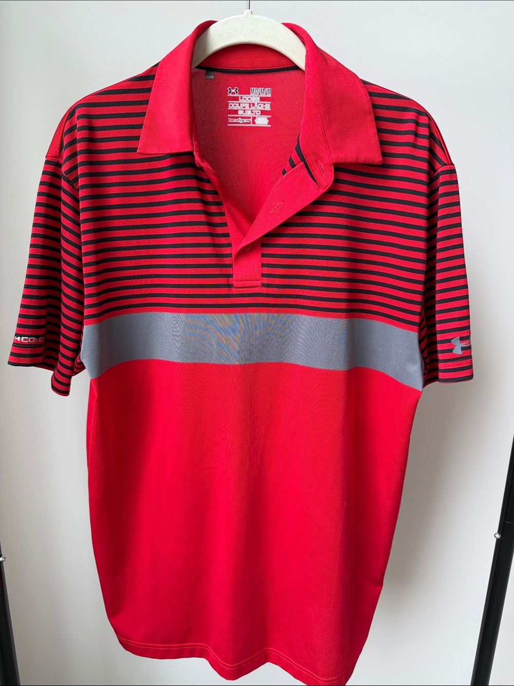 Under Armour Red & Black Striped Men's Golf Polo with Gray Band